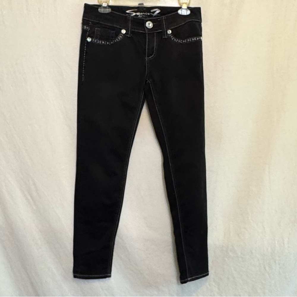 B-113 Seven7 Black Embroidered & Sequin Denim Leggings Size 28 Waist